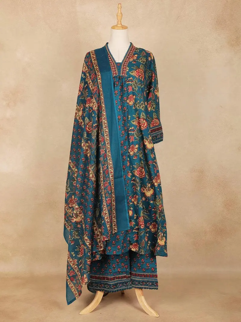 Dark Green Floral Printed Cotton Salwar Suit 1