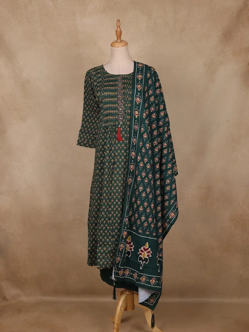 Dark Green Floral Printed Cotton Salwar Suit With Dupatta 1