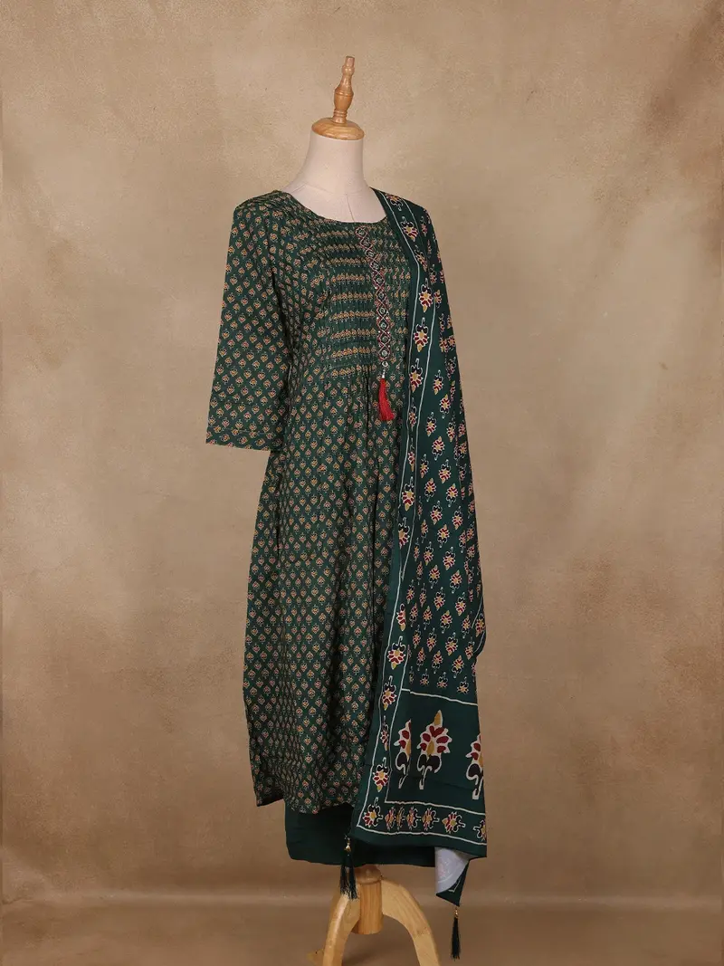 Dark Green Floral Printed Cotton Salwar Suit With Dupatta 3
