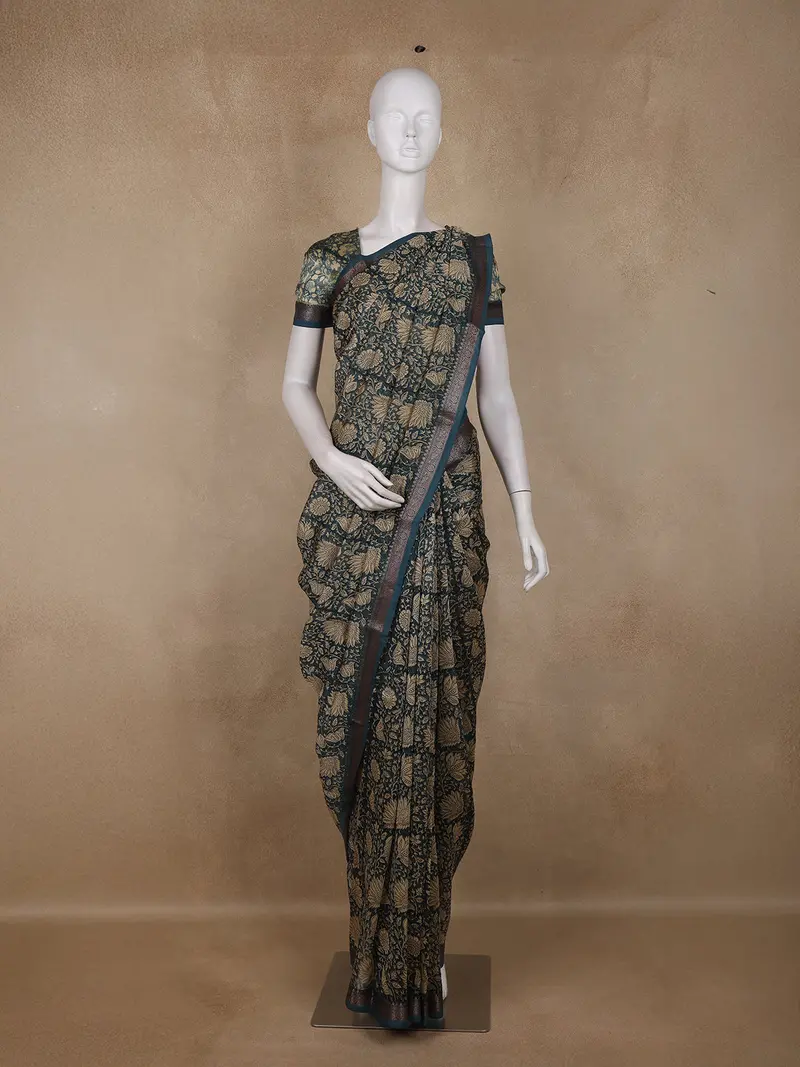 Dark Green Floral Printed Design Chanderi Cotton Saree With Contrast Zari Border 1