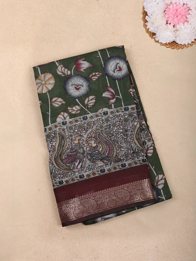Dark Green Floral Printed Design Chanderi Cotton Saree With Contrast Zari Border 1