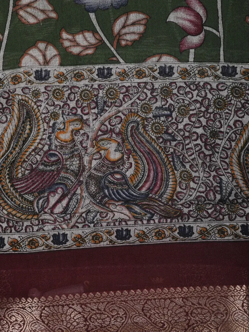 Dark Green Floral Printed Design Chanderi Cotton Saree With Contrast Zari Border 2