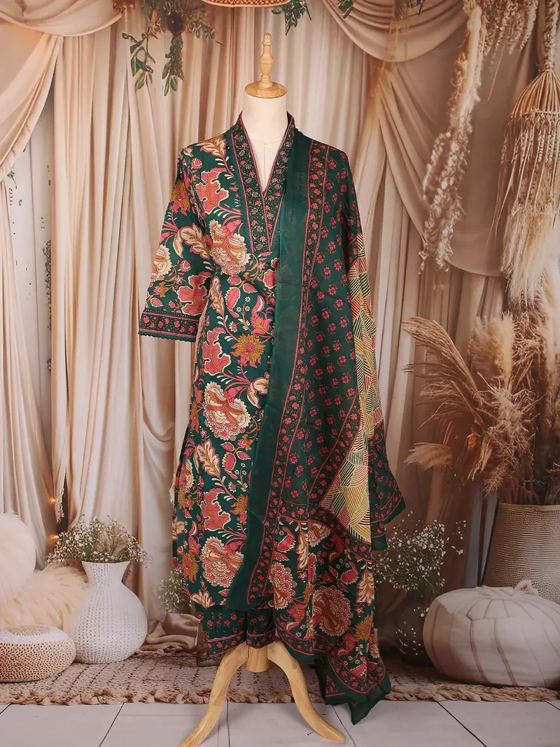 Dark Green Floral Printed Design Cotton Straight Cut Salwar Suit With Dupatta 1