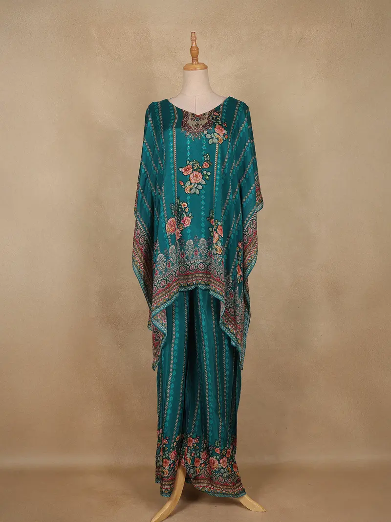 Dark Green Floral Printed Design Crepe Kaftan Suit 1