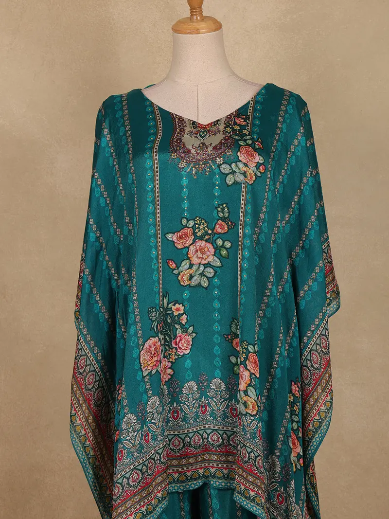 Dark Green Floral Printed Design Crepe Kaftan Suit 2