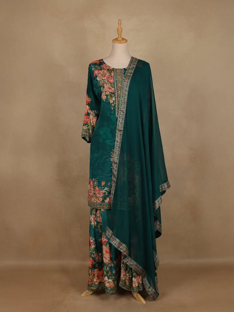 Dark Green Floral Printed Design Crepe Palazzo Suit With Dupatta 1