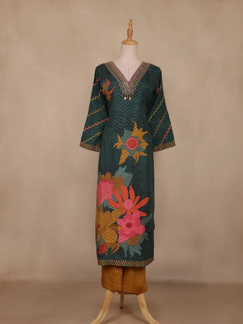 Dark Green Floral Printed Design Silk Salwar Suit 1