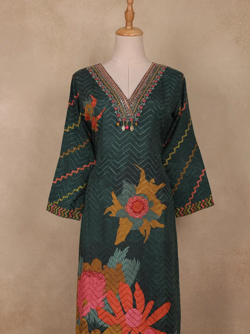 Dark Green Floral Printed Design Silk Salwar Suit 2