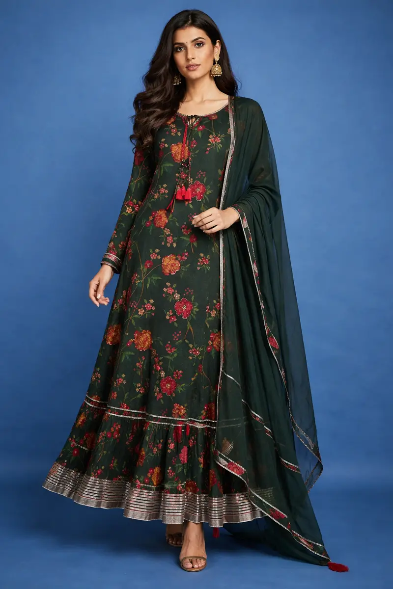 Dark Green Floral Printed Georgette Salwar Suit 1