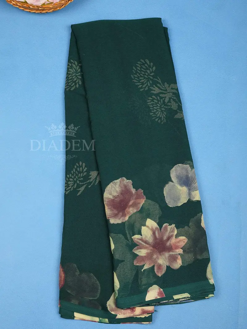 Dark Green Floral Printed Georgette Saree 1
