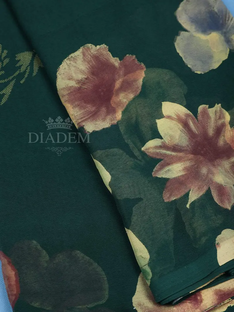 Dark Green Floral Printed Georgette Saree 2