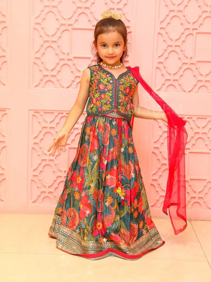Dark Green Floral Printed Lehenga 1