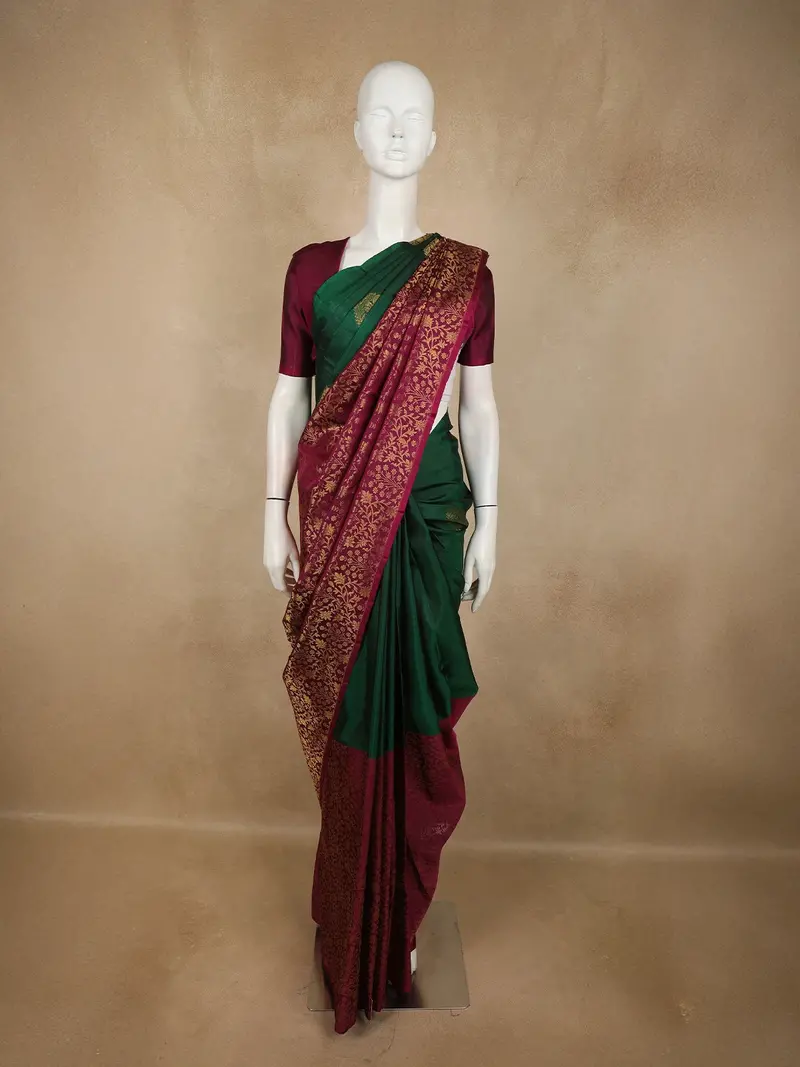 Dark Green Floral Woven Design Pure Kanchipuram Silk Saree With Contrast Floral Border 1