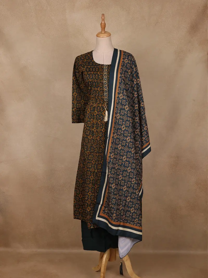 Dark Green Geometric Printed Cotton Salwar Suit With Dupatta 1