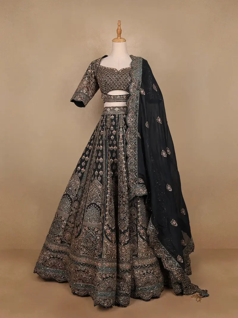 Dark Green Georgette Floral Designed Bridal Lehenga 1