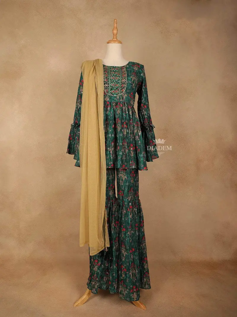 Dark Green Georgette Sharara Suit With Floral Prints, Paired With Dupatta 1