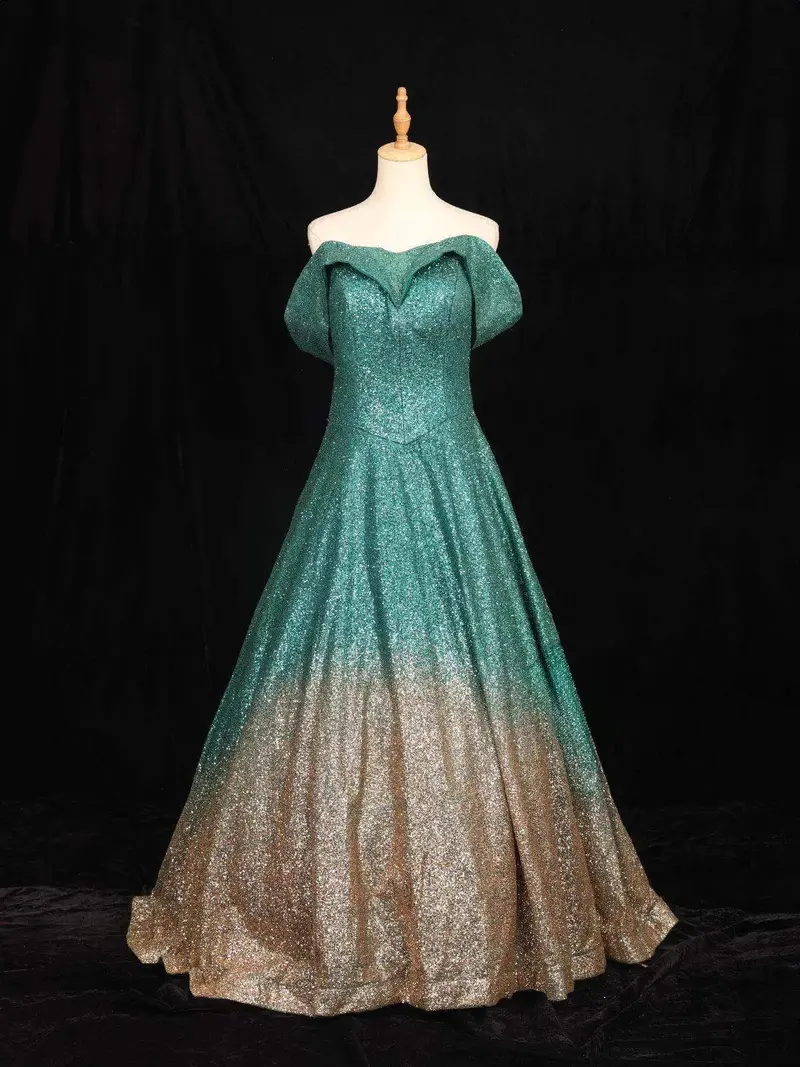 Dark Green Glitter Net Off-Shoulder Gown 1