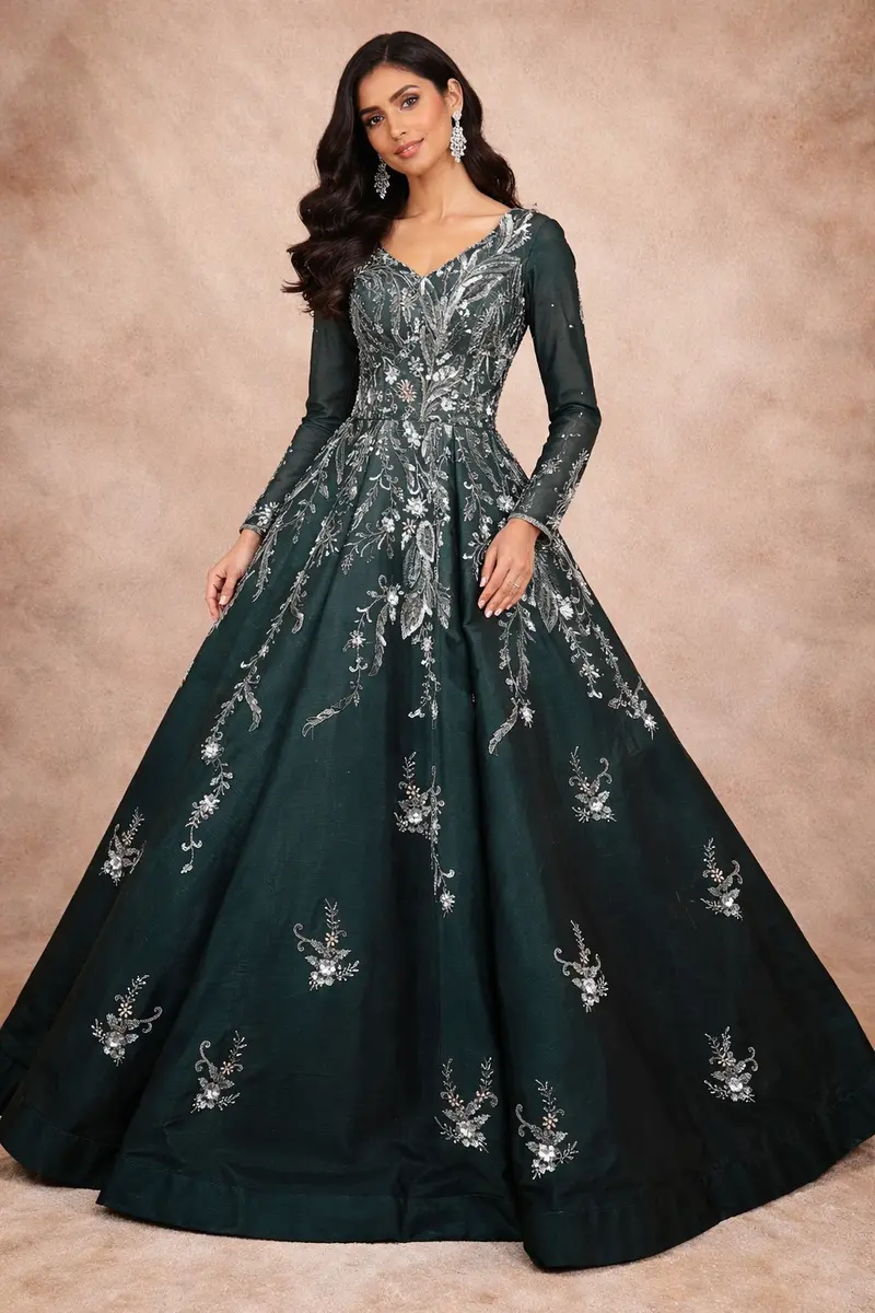 Dark Green Gown With Sequins And 3D Flowers 1