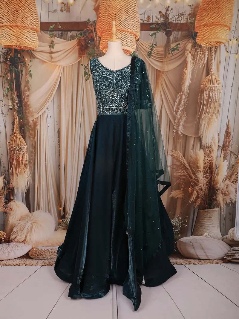 Dark Green Heavy Sequins And Thread Embroidered Design Satin Bridesmaids Gown 1