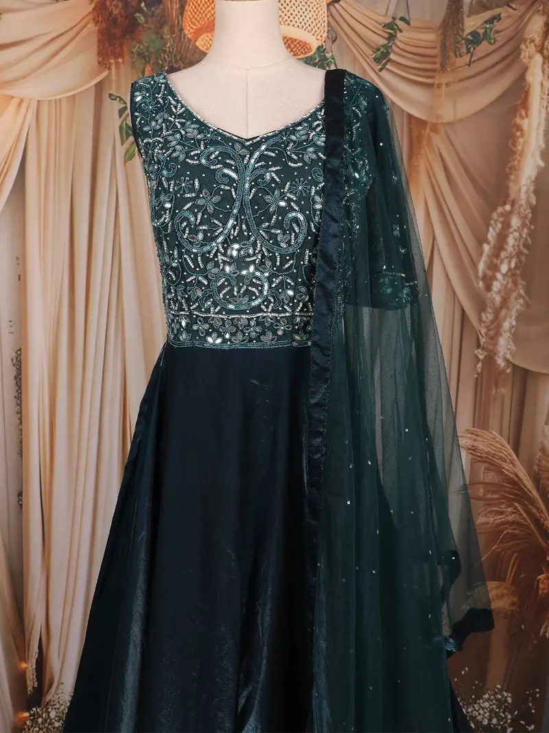 Dark Green Heavy Sequins And Thread Embroidered Design Satin Bridesmaids Gown 2