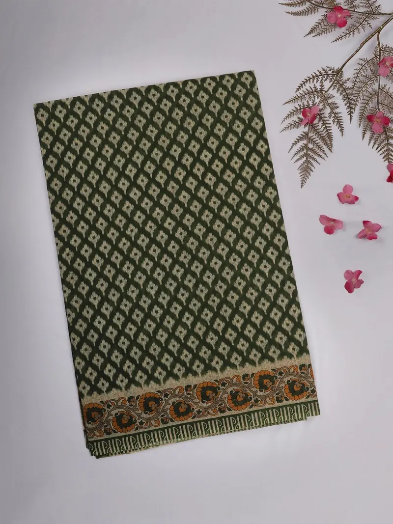 Dark Green Ikat Printed Design Karishma Cotton Saree 1