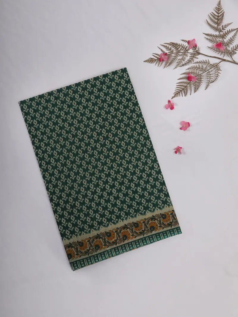 Dark Green Ikat Printed Design Karishma Cotton Saree 1