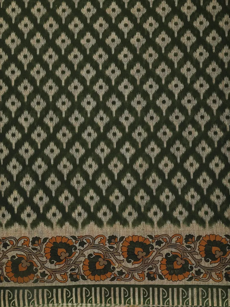 Dark Green Ikat Printed Design Karishma Cotton Saree 2