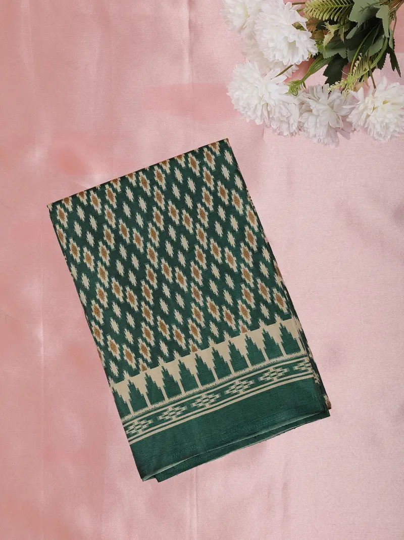 Dark Green Ikat Printed Design Mixed Silk Cotton Fancy Saree 1