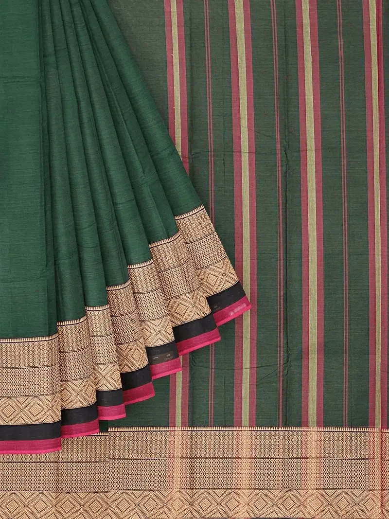 Dark Green Kanchi Cotton Saree With Thread Butta On The Body And Contrast Zari Border 1