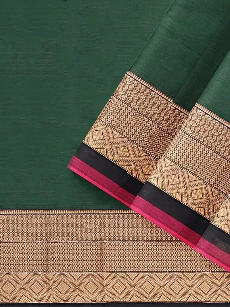 Dark Green Kanchi Cotton Saree With Thread Butta On The Body And Contrast Zari Border 2
