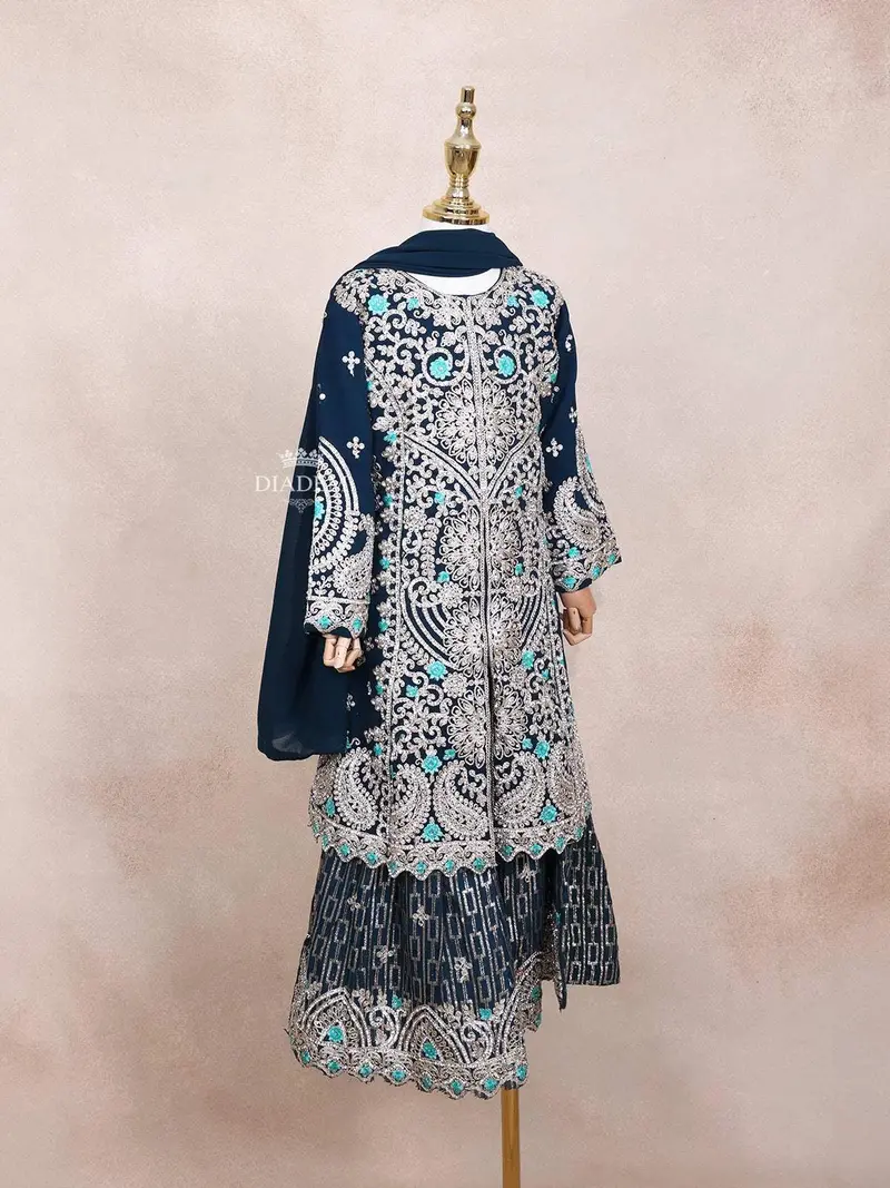 Dark Green Kids Lehenga Adorned With Sequins And Beads Floral Design With Dupatta 3