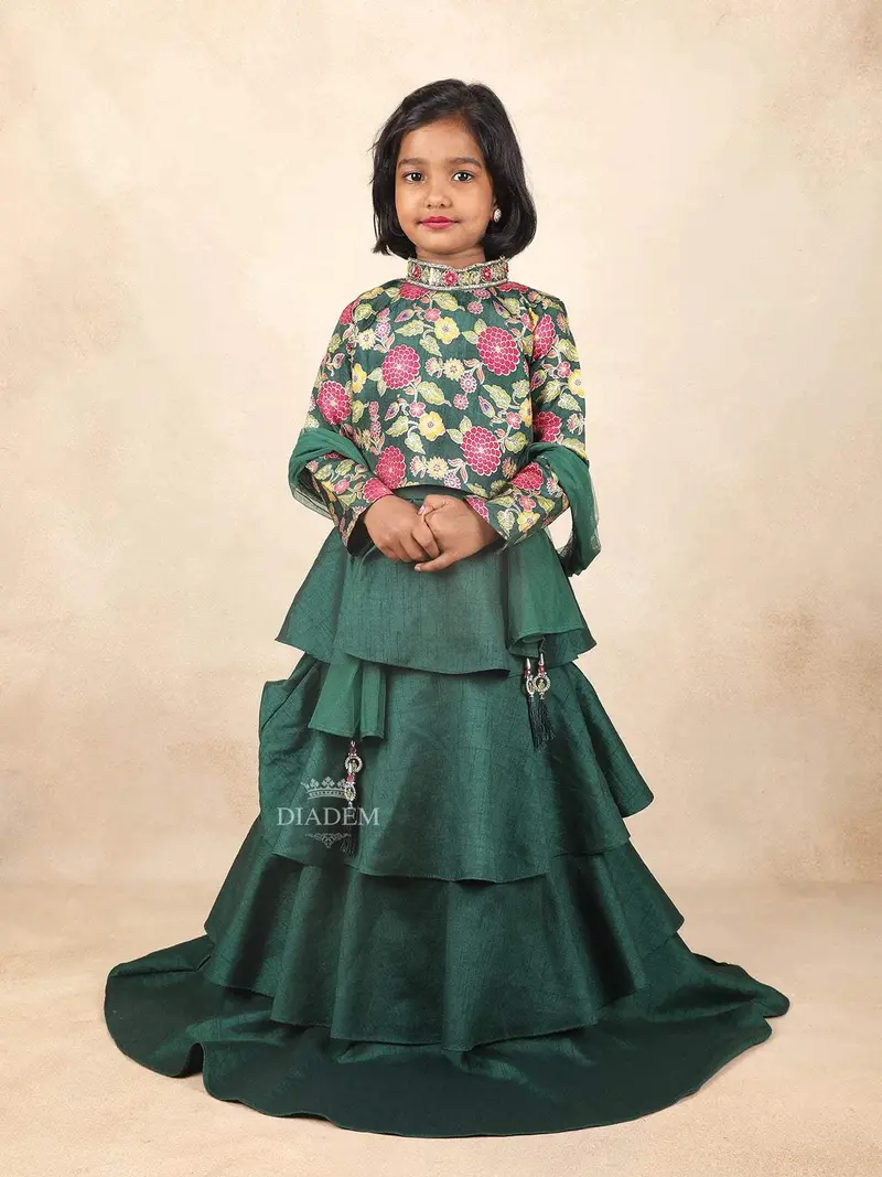 Dark Green Kids Raw Silk Gown Adorned With Floral And Mirror Design With Dupatta 1