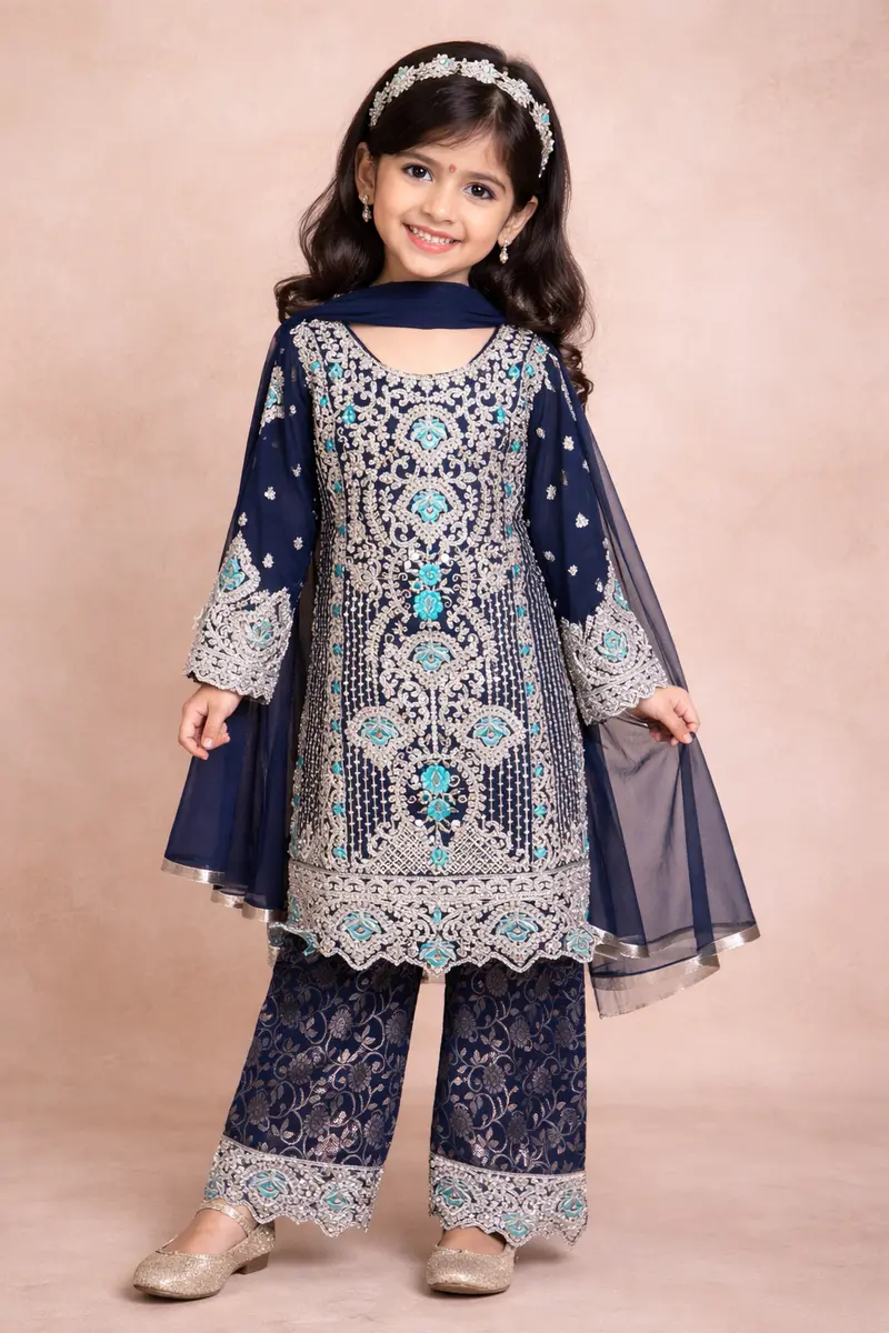 Dark Green Kids Salwar Suit Adorned With Sequins And Floral With Dupatta 1