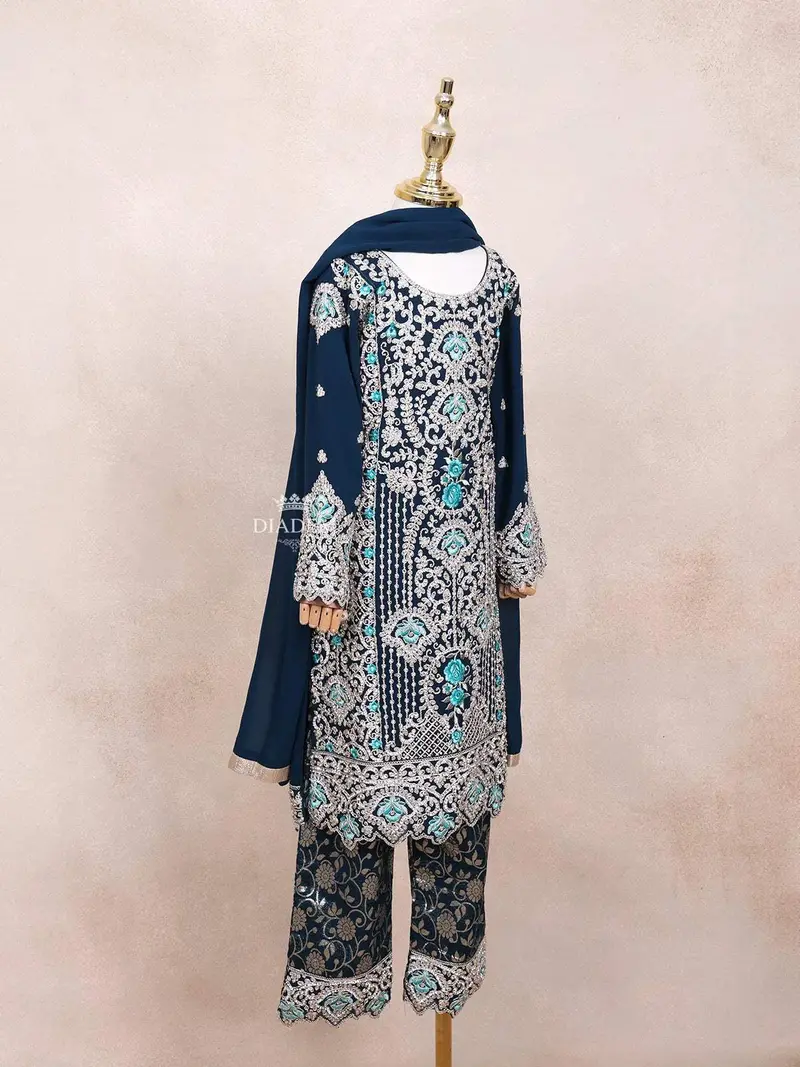 Dark Green Kids Salwar Suit Adorned With Sequins And Floral With Dupatta 4