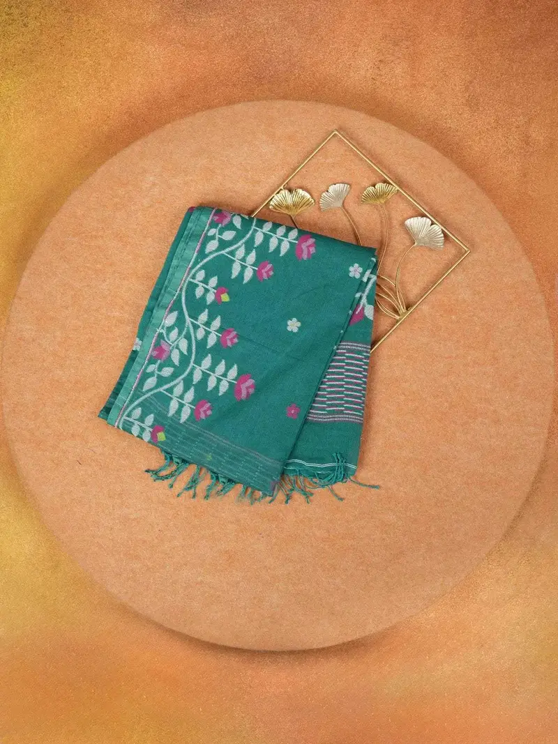 Dark Green Linen Cotton Saree With Floral Designs On The Body With Designed Border 1