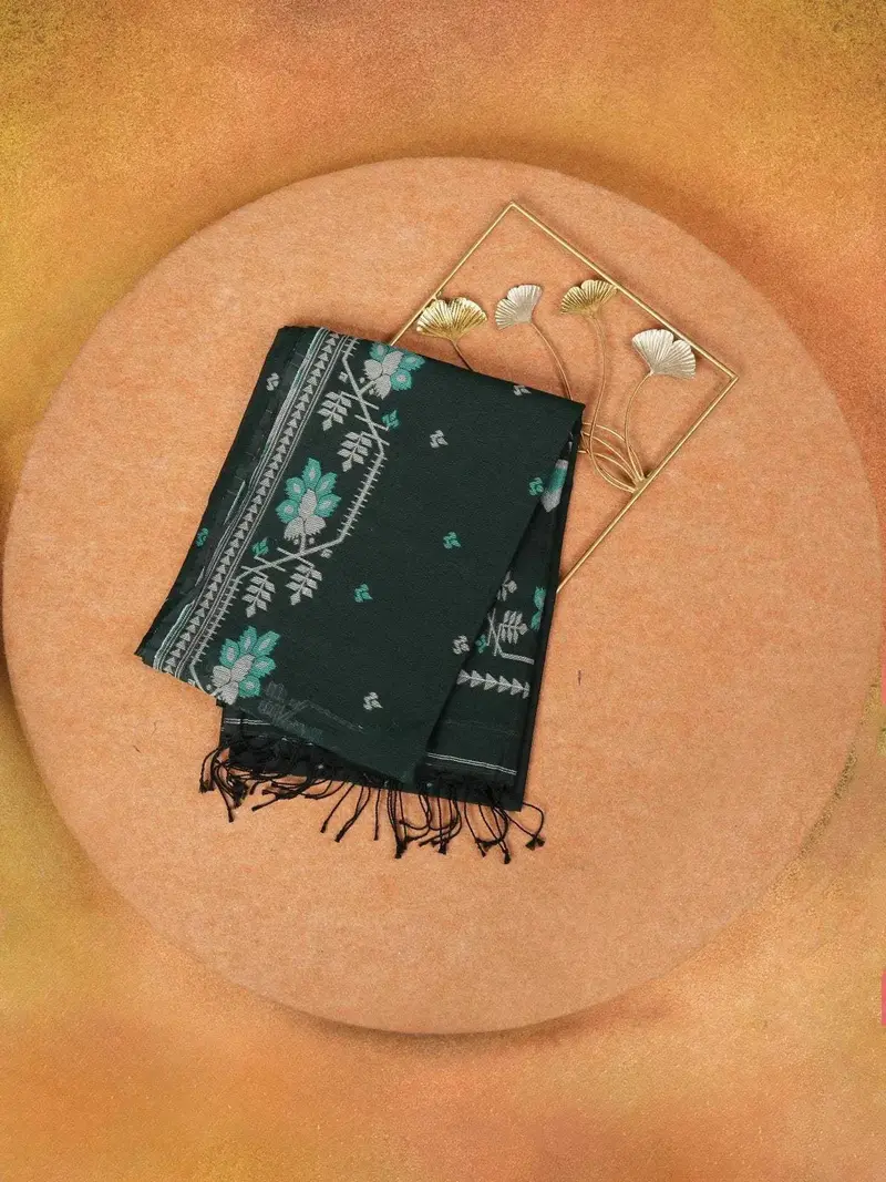 Dark Green Linen Cotton Saree With Floral Patterns On The Body With Designed Border 1