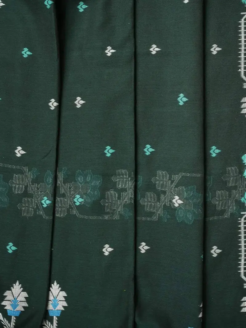 Dark Green Linen Cotton Saree With Floral Patterns On The Body With Designed Border 2
