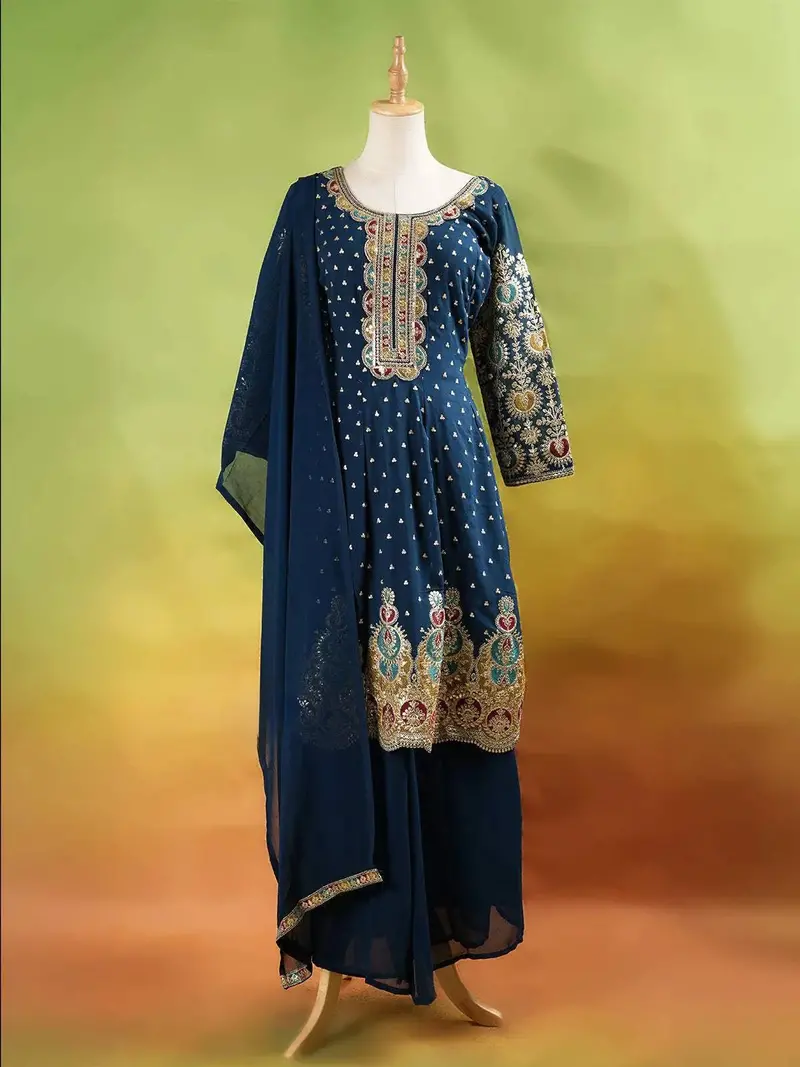 Dark Green Palazzo Suit Adorned With Floral And Sequins Embroidery, With Dupatta And 3/4 Sleeve 1