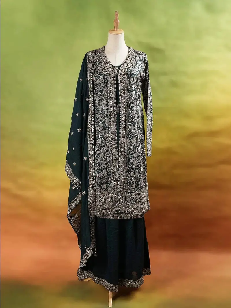 Dark Green Palazzo Suit Adorned With Floral Embroidery, With Dupatta And Full Sleeve 1