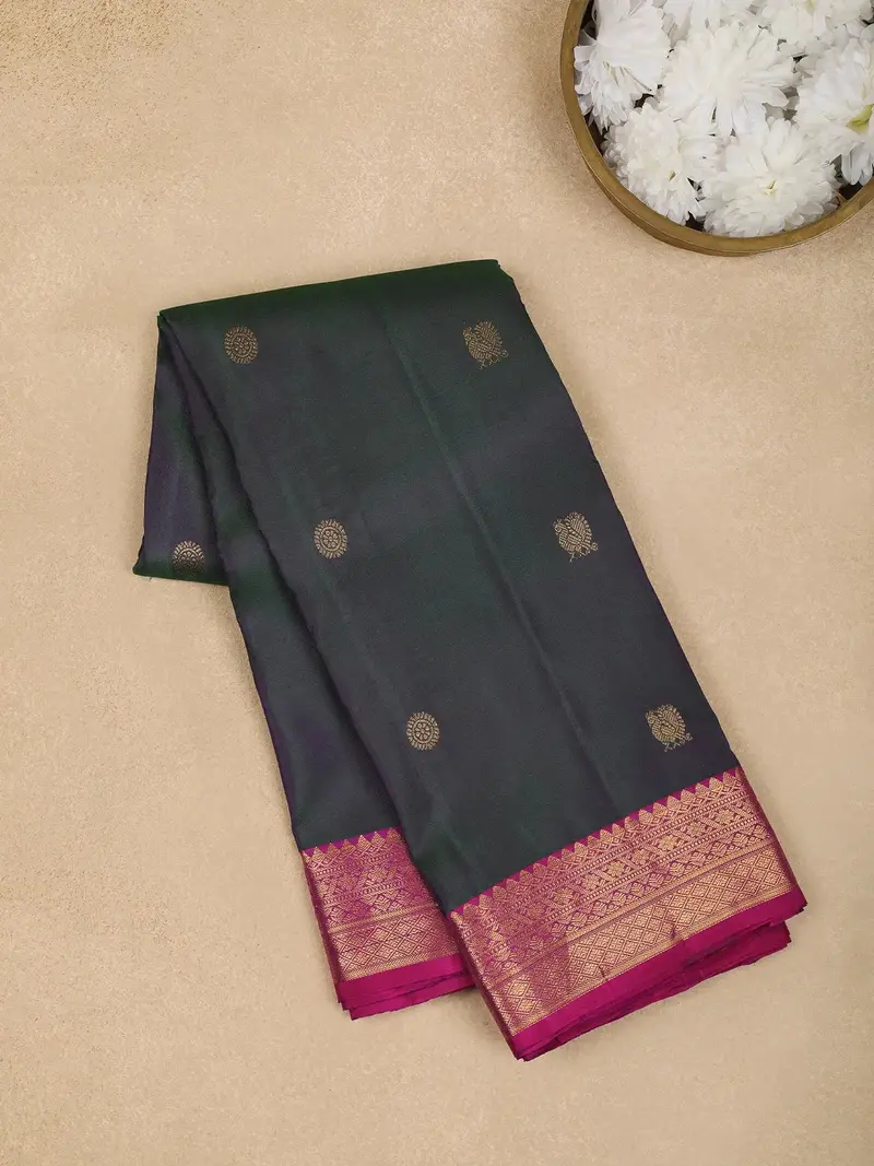 Dark Green Peacock Woven Pure Kanchipuram Silk Saree 1