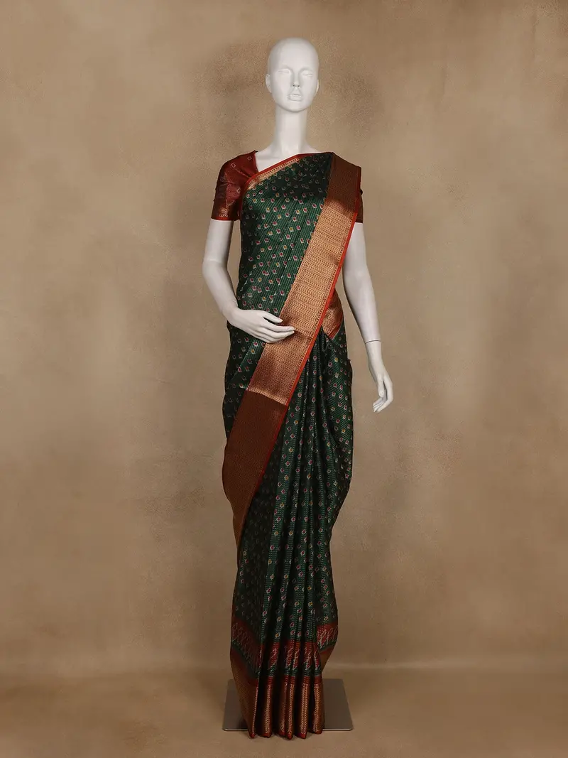 Dark Green Pochampally Ikat Design Cotton Saree With Zari Border 1