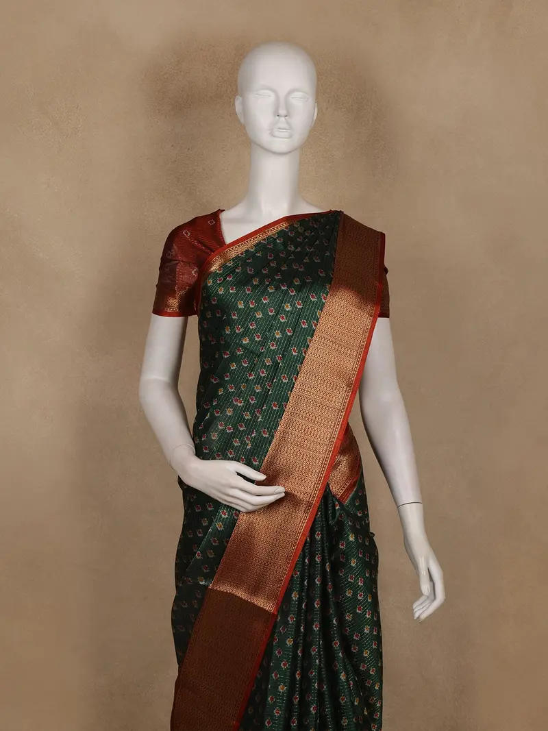 Dark Green Pochampally Ikat Design Cotton Saree With Zari Border 2