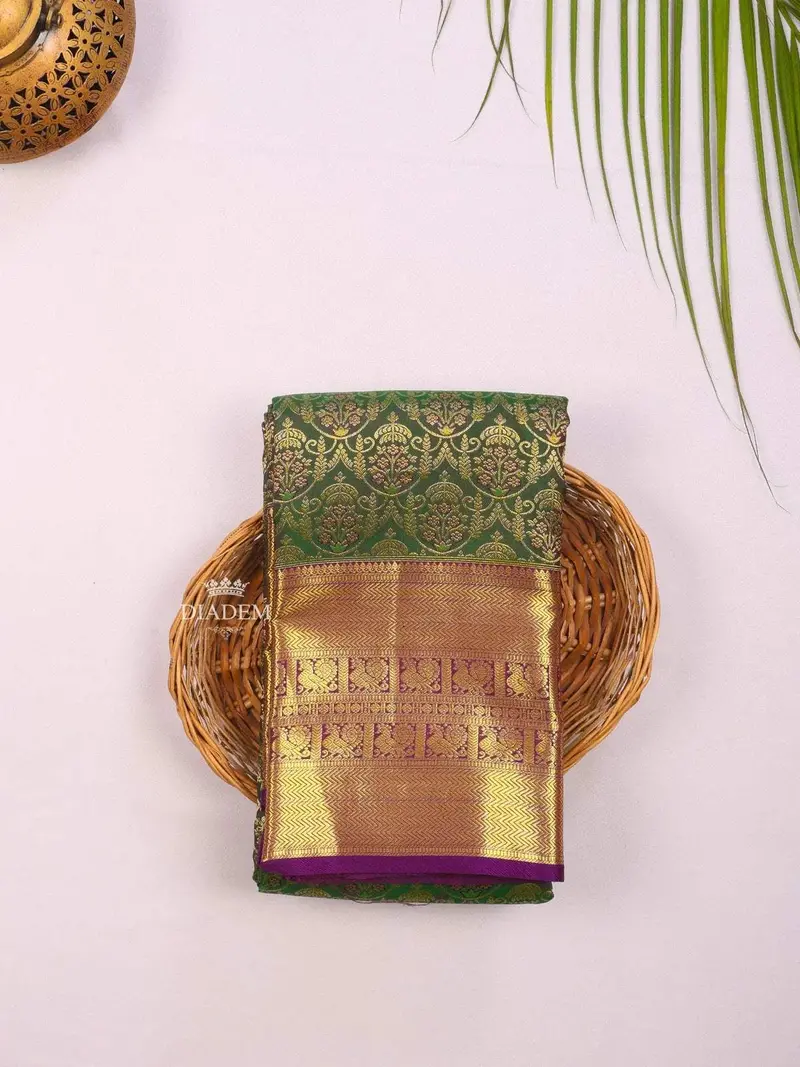 Dark Green Pure Kanchipuram Bridal Silk Saree With Zari Brocade On The Body And Contrast Zari Border 1
