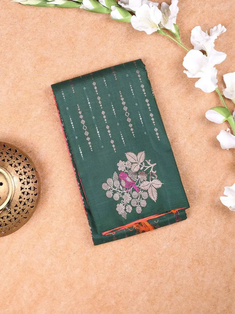 Dark Green Pure Kanchipuram Saree With Striped And Floral Design On The Body And Without Border 1