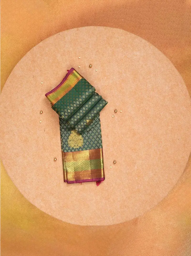 Dark Green Pure Kanchipuram Silk Saree With Peacock And Floral Motifs On The Body With Broad And Small Border 1
