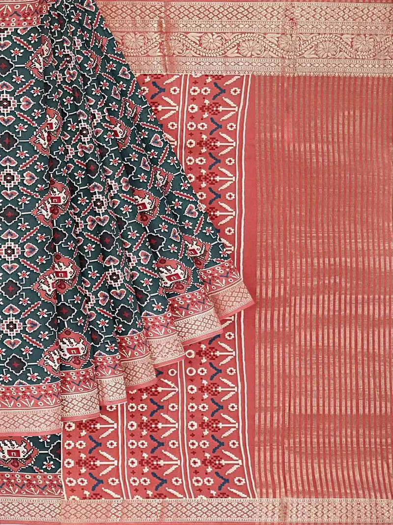 Dark Green Semi Tussar Silk Saree With Patola Prints And Contrast Zari Border 1