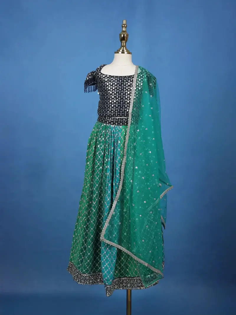 Dark Green Sequins Beaded Net Lehenga Paired With Dupatta 1