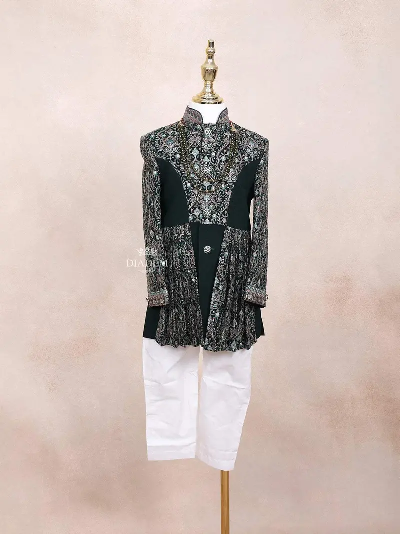 Dark Green Sherwani Adorned With Sequins And Fancy Design Attached With Pearls Mala 1