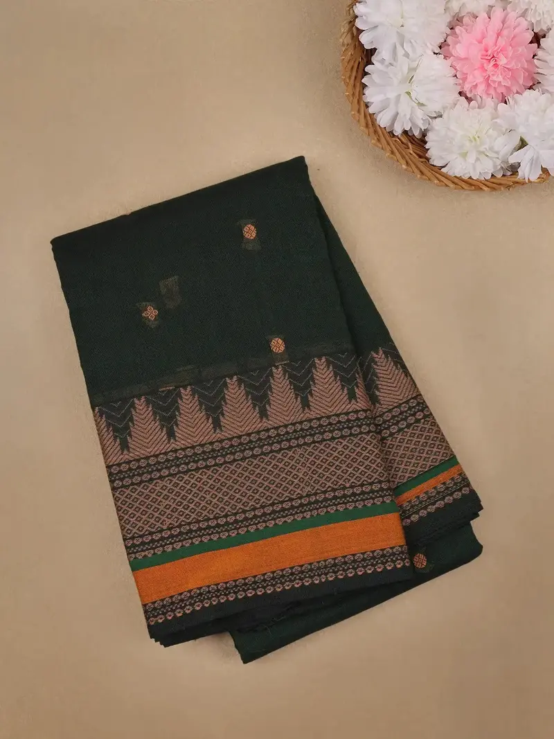 Dark Green Small Butta Design Cotton Saree 1