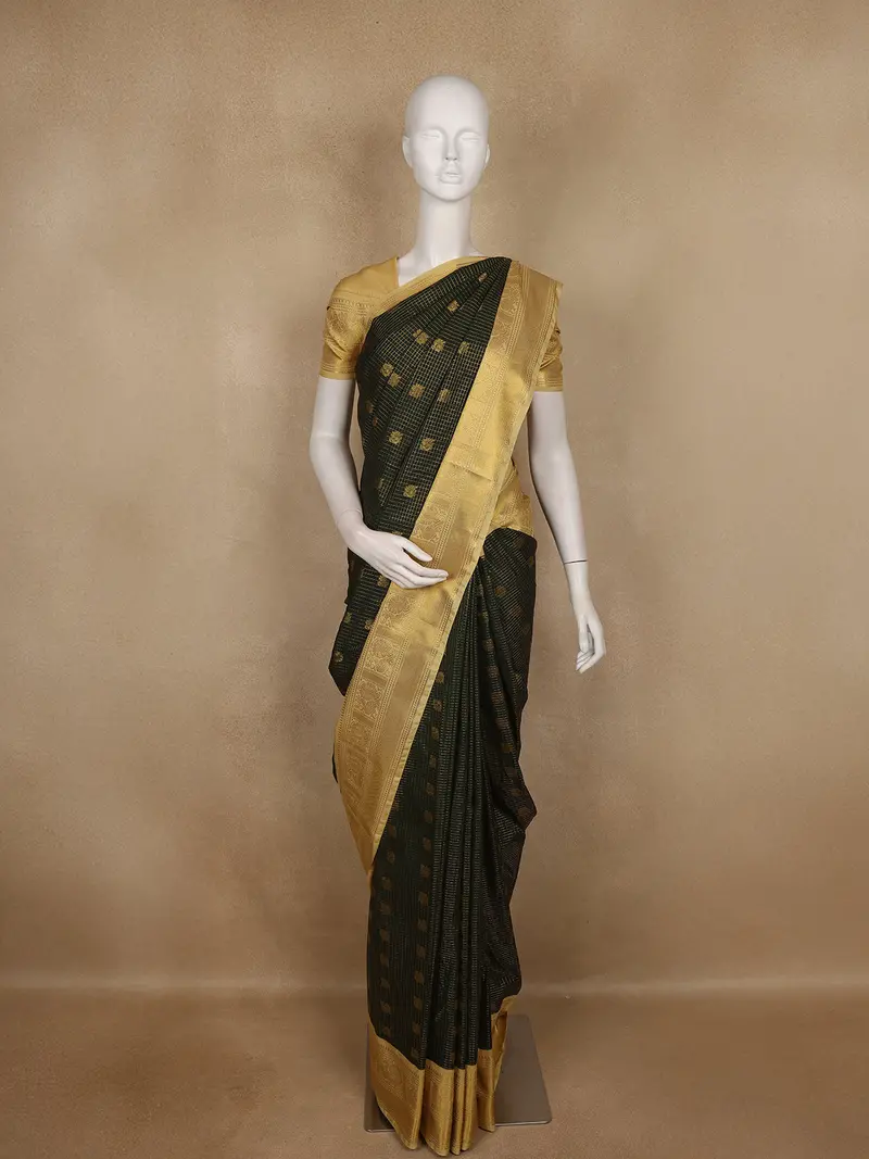 Dark Green  Small Butta Woven Design Art Silk Saree With Contrast Golden Zari Border 1